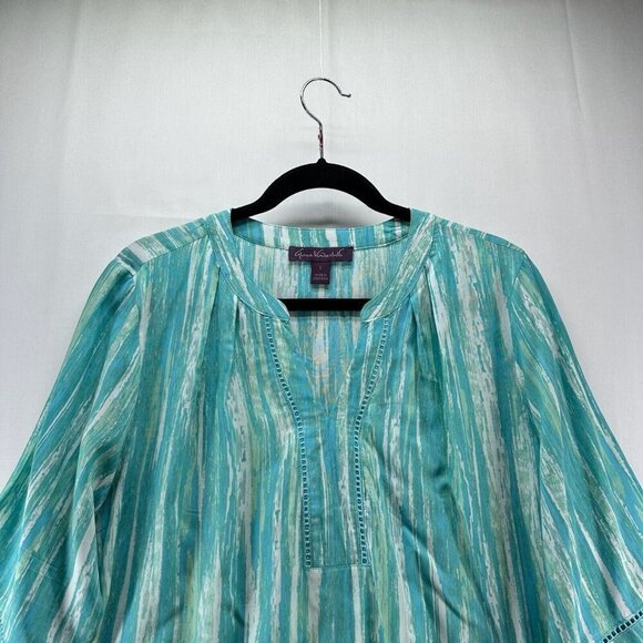 Gloria Vanderbilt Top Size L Stripe Tunic Blouse 3/4 Bell Sleeve Viscose Blue - Picture 3 of 11